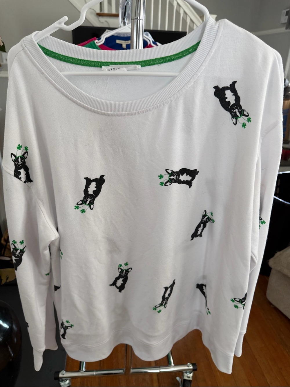White Sweatshirt with Black Puppy & Green Shamrock Print